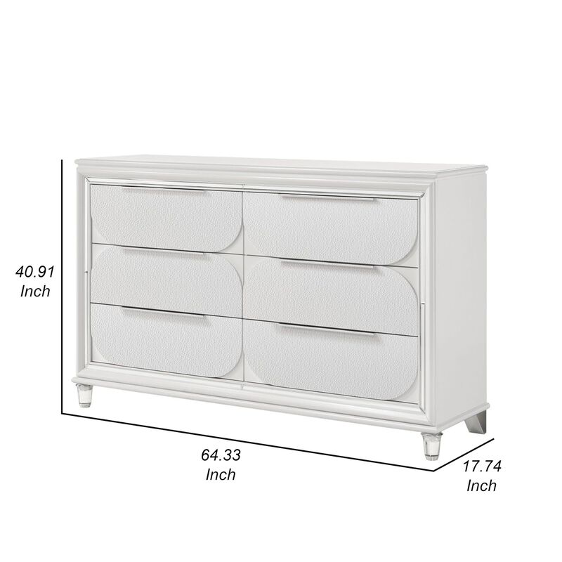 Benjara RARA 64 Inch Wide Dresser, 6 Drawers, Mirror Trim, Acrylic Legs, White and Silver