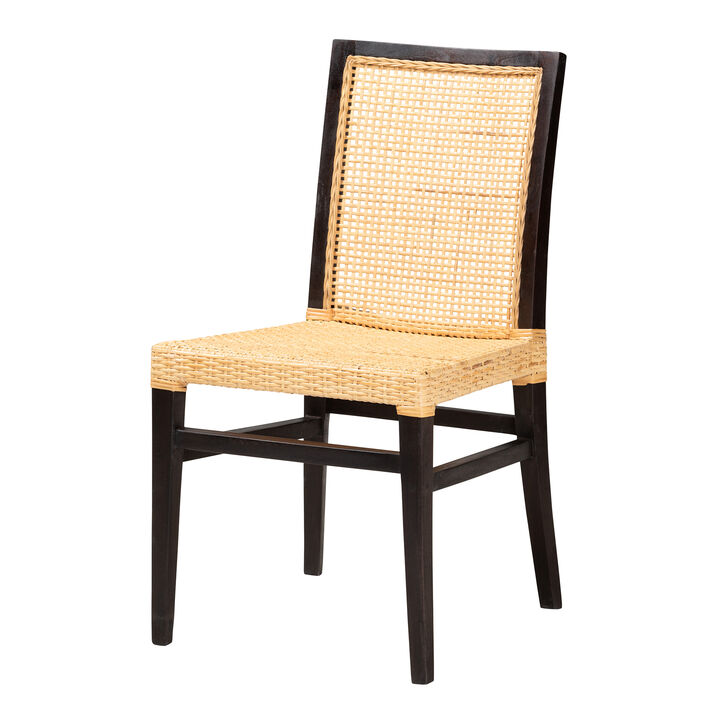 bali & pari Lingga Modern Bohemian Dark Brown Mahogany Wood and Natural Rattan Dining Chair