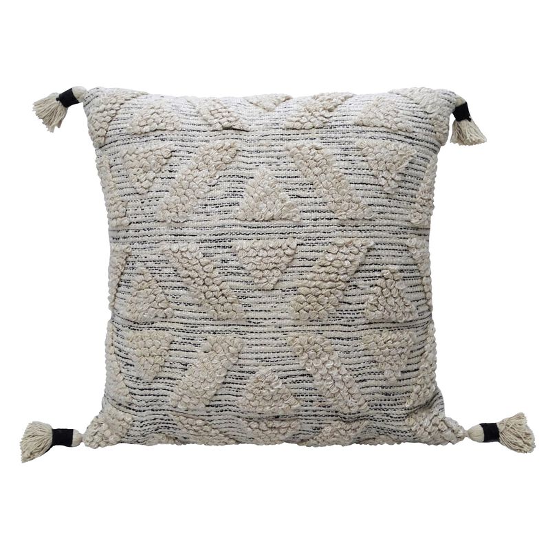 22” Beige Handloomed Throw Pillow with Tassels
