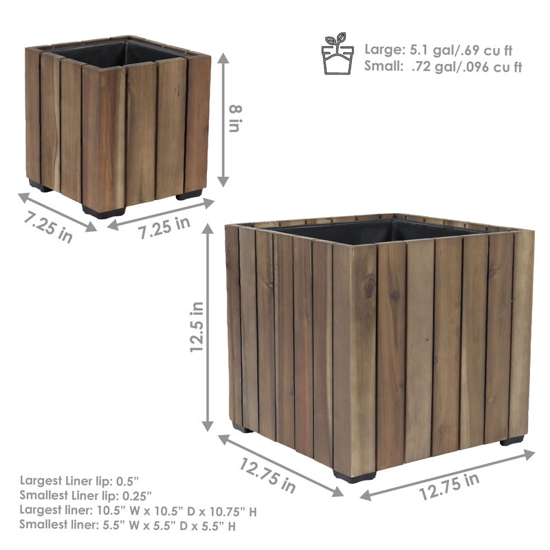 Sunnydaze 2-Piece Acacia Square Planter Boxes with Liners