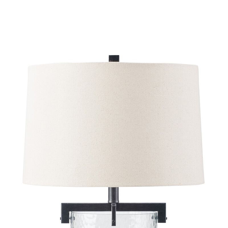 25 Inch Table Lamp, White Drum Shade, Clear Glass Base, Black Metal Frame - Benzara