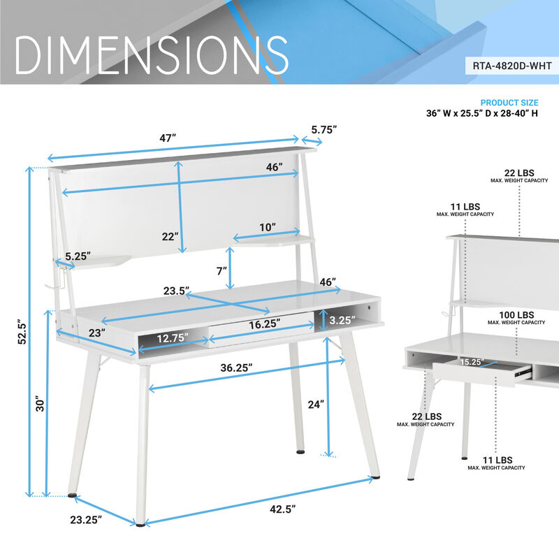 Study Computer Desk with Storage & Magnetic Dry Erase White Board, White