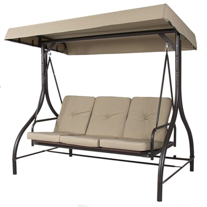 Hivvago Tan 3 Seat Outdoor Porch Deck Patio Canopy Swing with Cushions