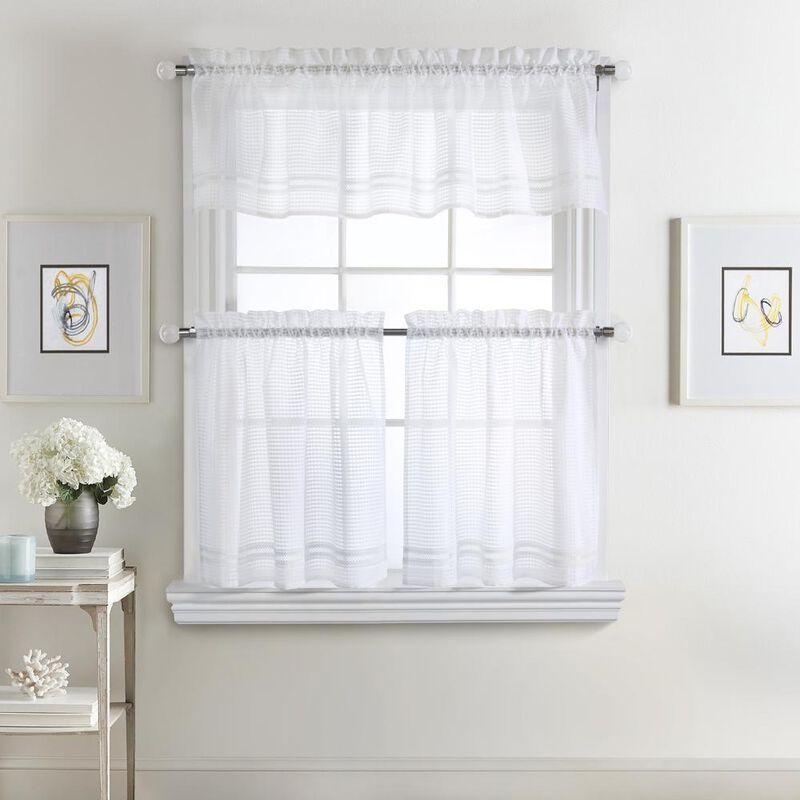 Habitat Gingham Lace Sheer Rod Pocket 3 Piece Curtain Tiers and Valance Set 52" x 24" White