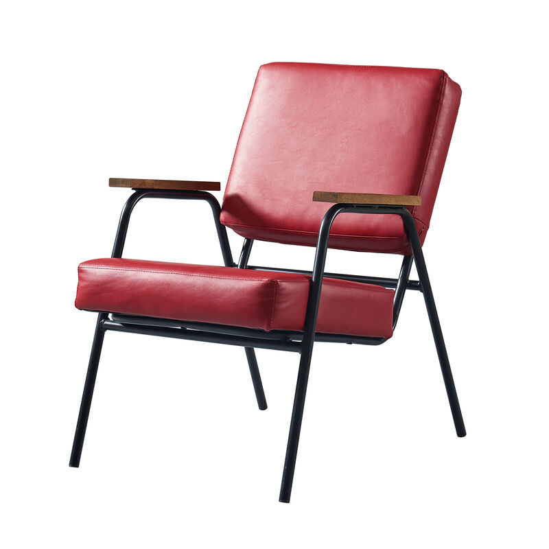 Teamson Home Denver Faux Leather Armchair with Metal Legs and Wooden Armrests, Red
