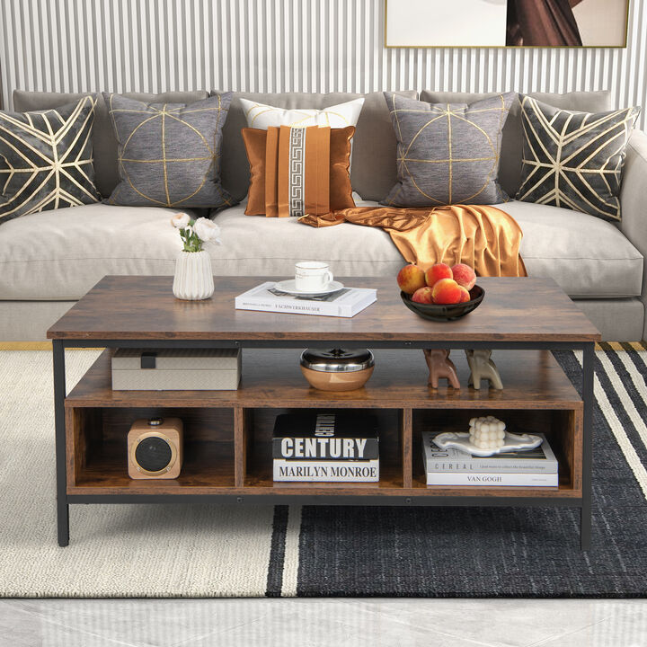 3-Tier Industrial Style Coffee Table with Storage and Heavy-duty Metal Frame-Coffee