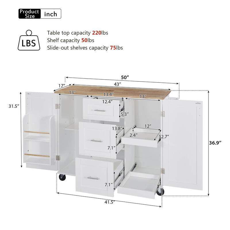 Rolling Kitchen Island with Storage, Kitchen Cart with Rubber Wood Top, 3 Drawer, 2 Slide-Out Shelf and Internal Storage Rack, Kitchen Island on Wheels with Spice Rack & Tower Rack Grey Blue