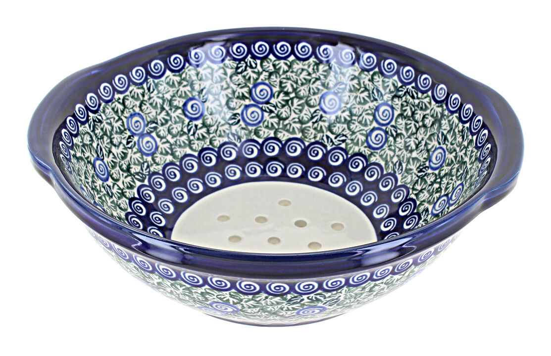 Blue Rose Polish Pottery Flowering Peacock Colander