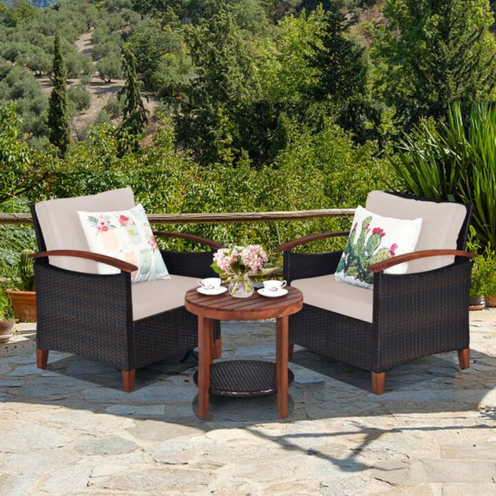 Hivvago 3 Pieces Patio Wicker Furniture Set with Washable Cushion and Acacia Wood Tabletop