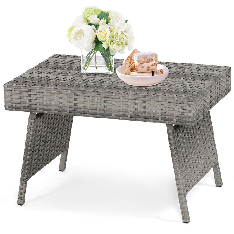 Folding PE Rattan Side Coffee Table Patio Garden Furniture