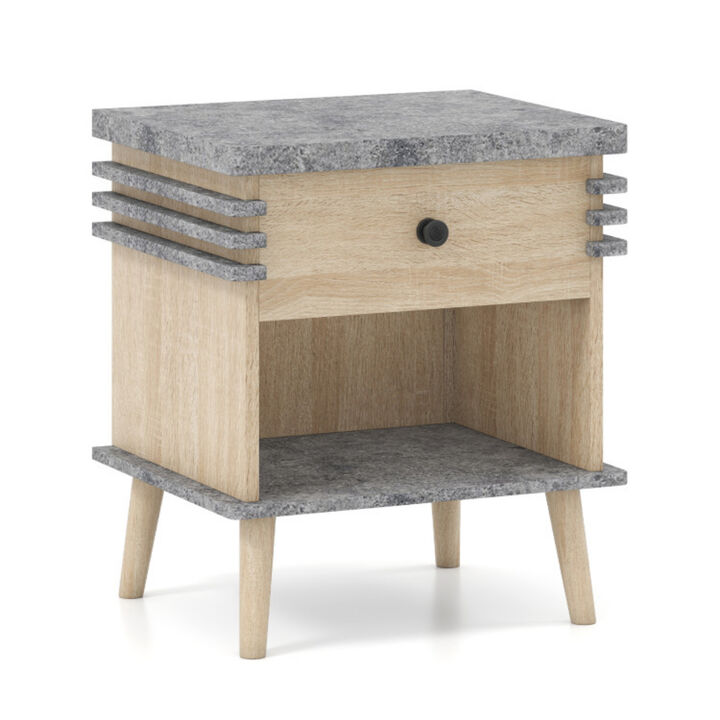 3-Tier Bedside Table Nightstand with Antique Grey Faux Marble Top, Elegant Storage