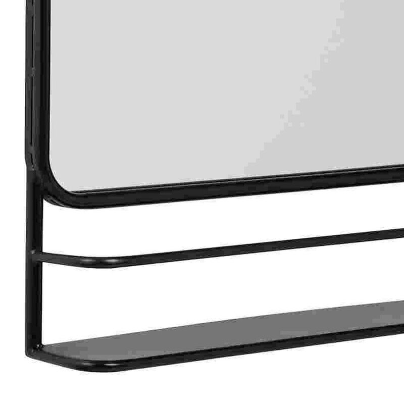 Accent Mirror with Sleek Metal Frame and Shelf, Black-Benzara