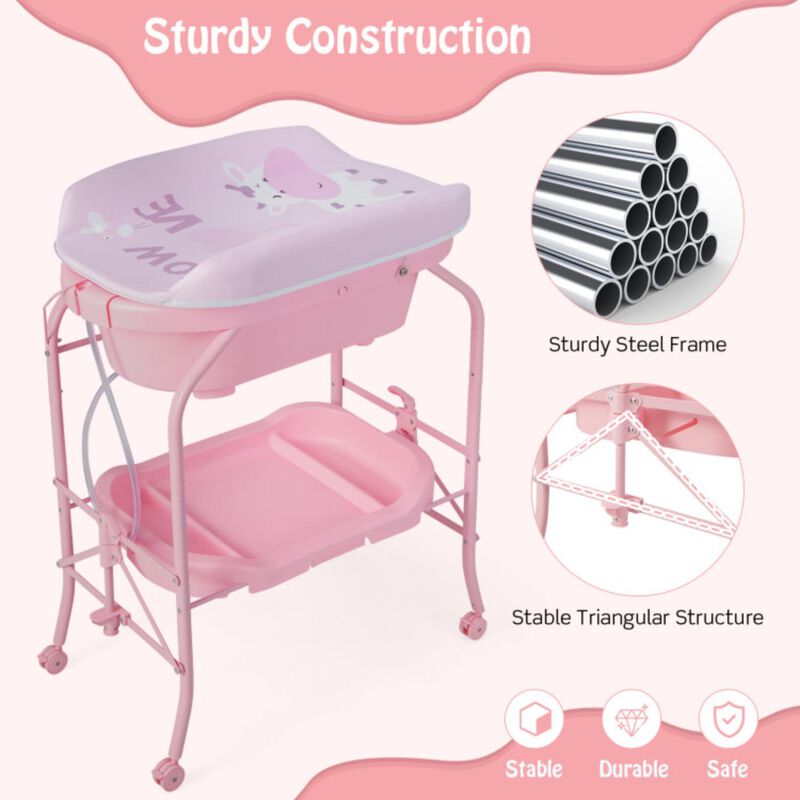 Hivvago Folding Baby Changing Table with Bathtub and 4 Universal Wheels