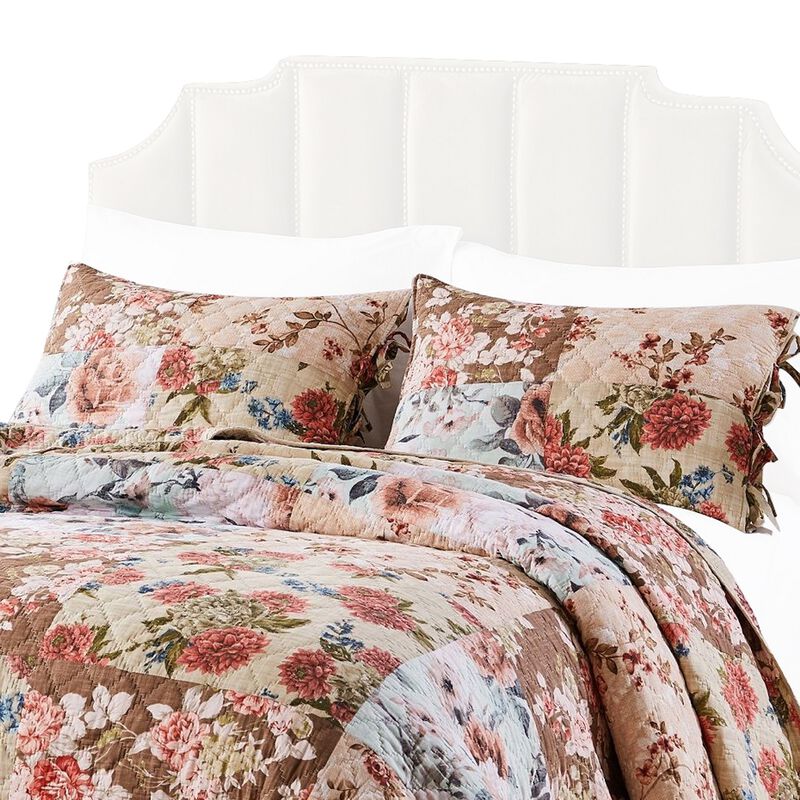 Rome 3 Piece Microfiber Reversible Floral Print Queen Quilt Set, Multicolor - Benzara