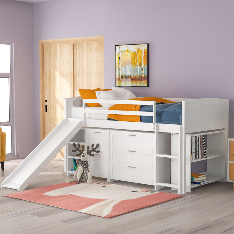 Low Twin Size Loft Bed With Cabinets, Shelves And Slide