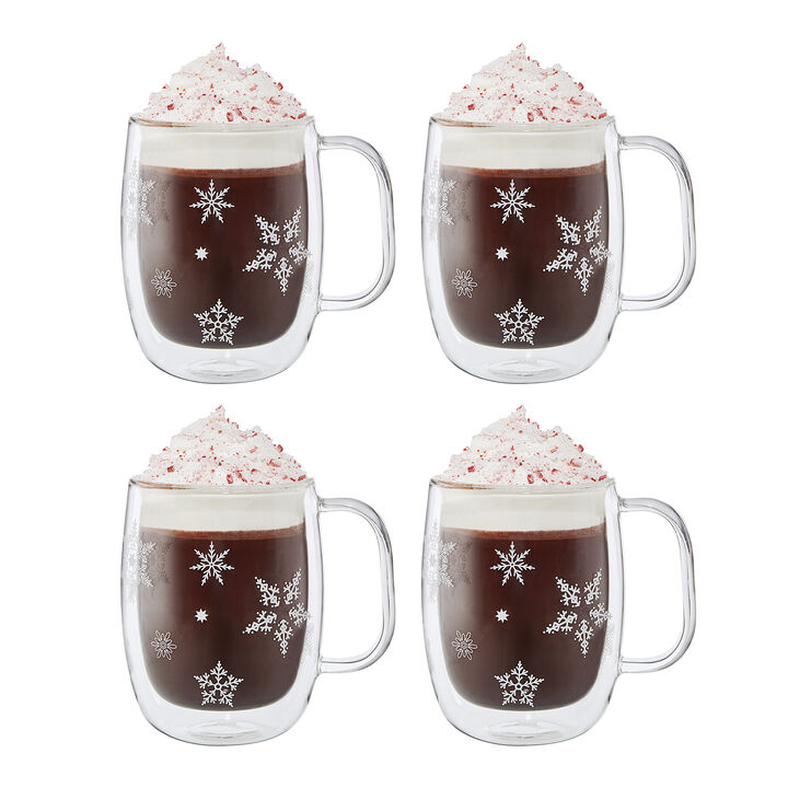 ZWILLING Sorrento Double Wall Glass Snowflake Coffee Mugs, Set of 4, 12oz. Each