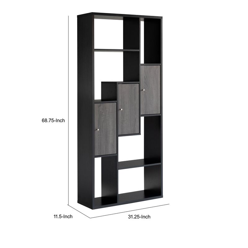 69 Inch Modern Display Cabinet with 7 Multilevel Shelves, 3 Doors, Black - Benzara