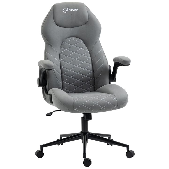Adjustable High-Back Office Chair with Flip-Up Armrests, Swivel Wheels, and Tilt Function, in Light Gray