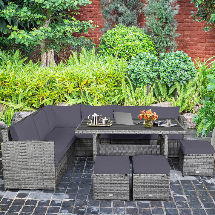 7 Pieces Patio Rattan Dining Furniture Sectional Sofa Set with Wicker Ottoman