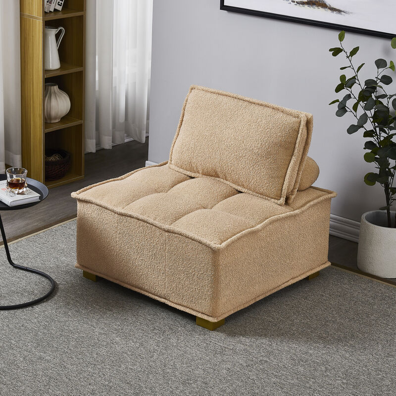 Lazy Sofa Ottoman With Gold Wooden Legs Teddy Fabric (Khaki)