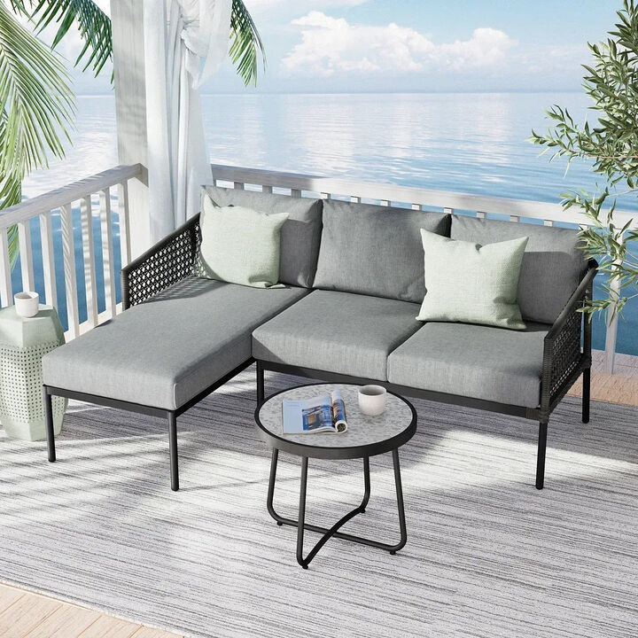 MONDAWE Outdoor Furniture 3 Pieces Set, Hand Woven, All-Weather Wicker Conversation Set for Patio Garden Backyard with Olefin Cushions and Coffee Table