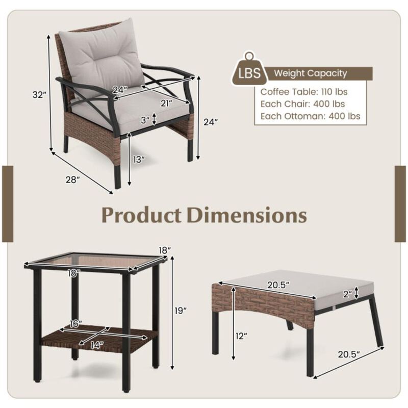 Hivvago 5 Pieces Wicker Patio Furniture Set Ottomans and Cushions and 2-Tier Tempered Glass Side Table