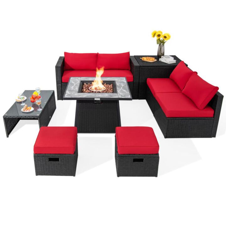 Hivvago 9 Pieces Outdoor Wicker Sectional with 35 Inch Gas Fire Pit Table