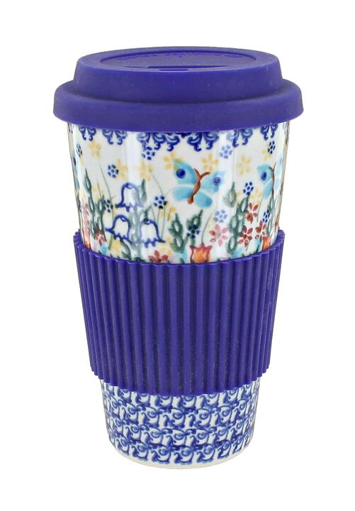 Blue Rose Polish Pottery Butterfly Travel Coffee Mug