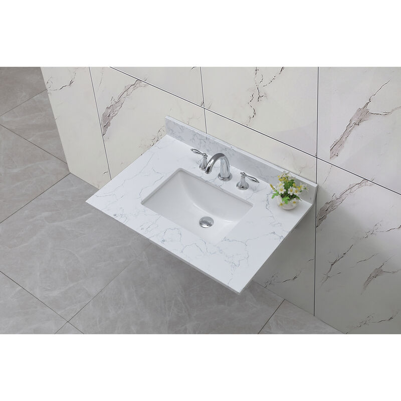 31" x 22" bathroom stone vanity top carrara jade engineered marble color with undermount ceramic sink and 3 faucet hole with backsplash
