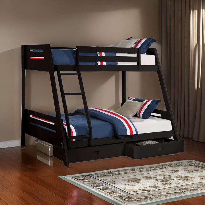 Emily Twin Over Full Bunk Bed with Ladder, 2 Drawers, Black Solid Wood