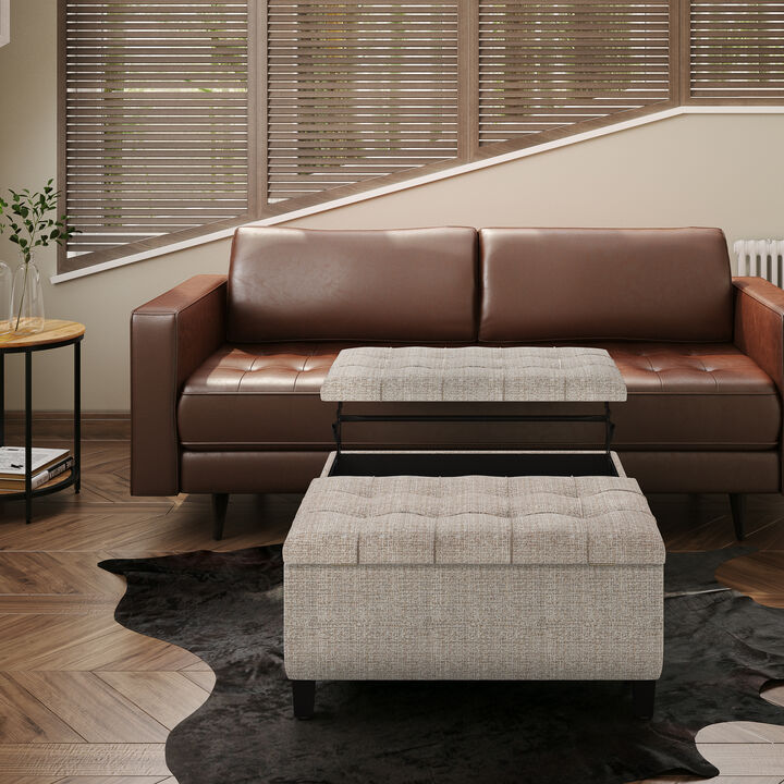 Harrison 36 inch Wide Transitional Square Coffee Table Storage Ottoman in Platinum Tweed Look Fabric