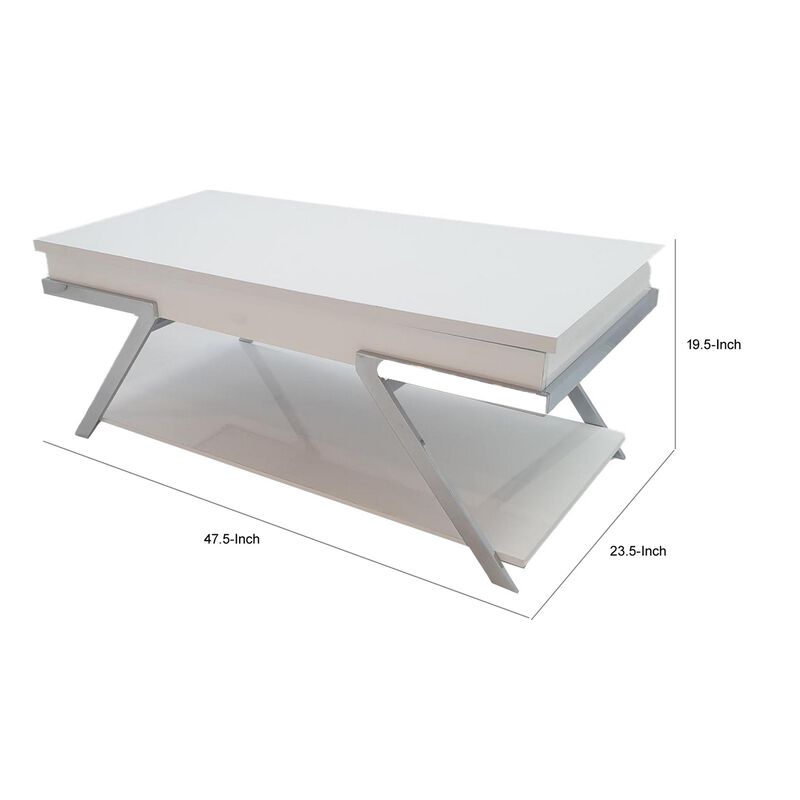 Casey 47 Inch Lift Top Coffee Table, Chrome Metal Frame, Glossy White Top - Benzara
