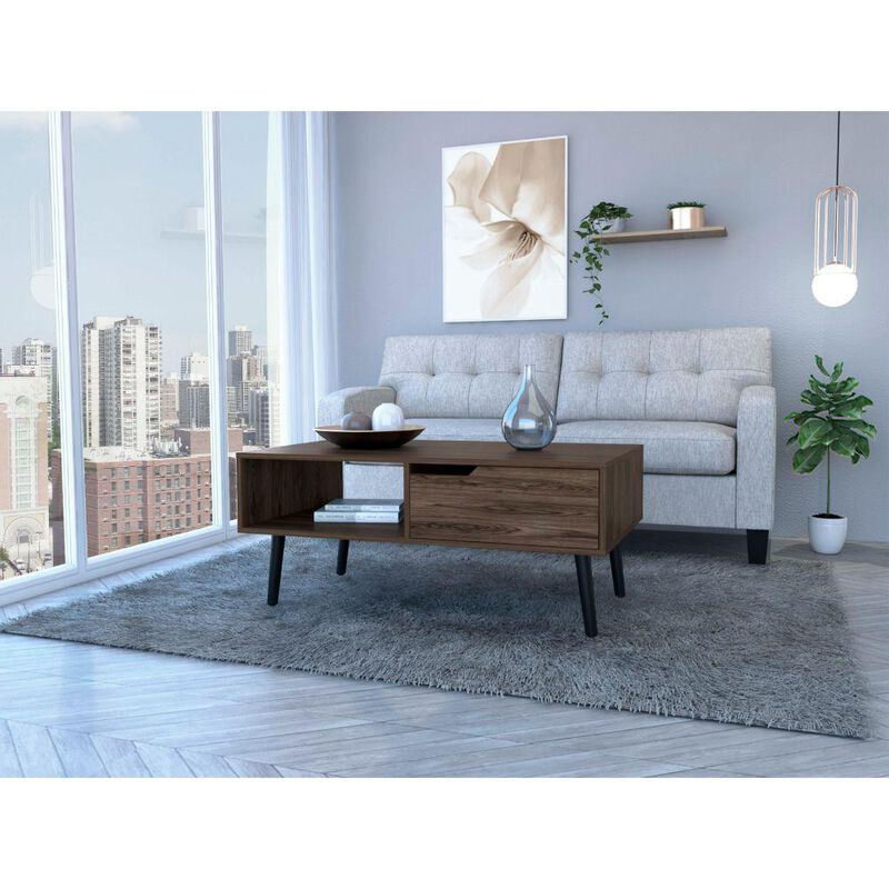 DEPOT E-SHOP Kobe Coffee Table, Countertop, One Open Shelf, One Drawer, Four Legs- Dark Walnut, For Living Room