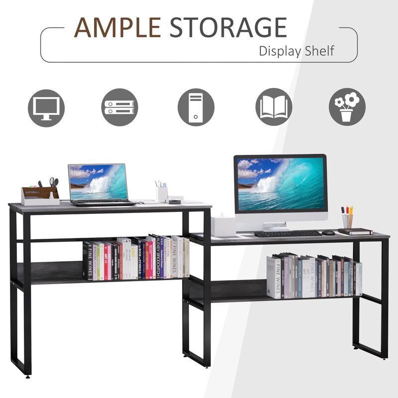 86.5 Inch Two Person Desk Double Computer Table Writing Desk with Open Shelves Long Storage Workstation for Home Office Black and Grey