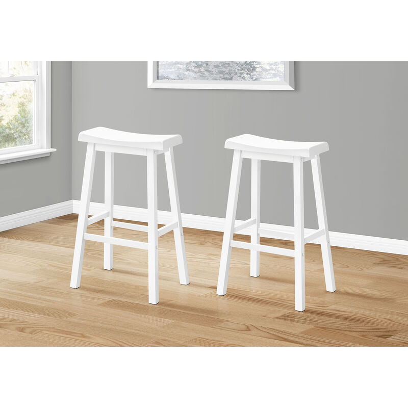 Monarch Specialties I 1534 Bar Stool, Set Of 2, Bar Height, Saddle Seat, Wood, White, Contemporary, Modern