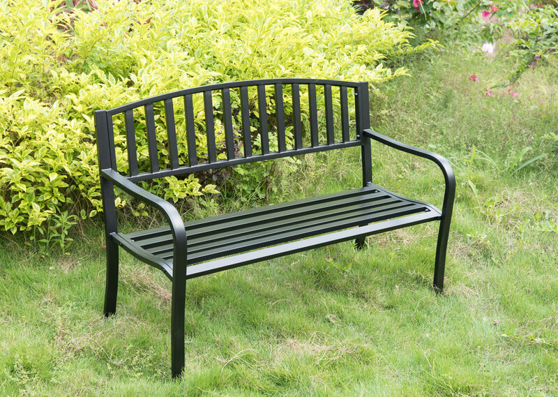 Steel Garden Park Bench Cast Iron Frame Patio Lawn Yard Decor, Black Seating Bench for Yard, Patio, Garden, Balcony, and Deck