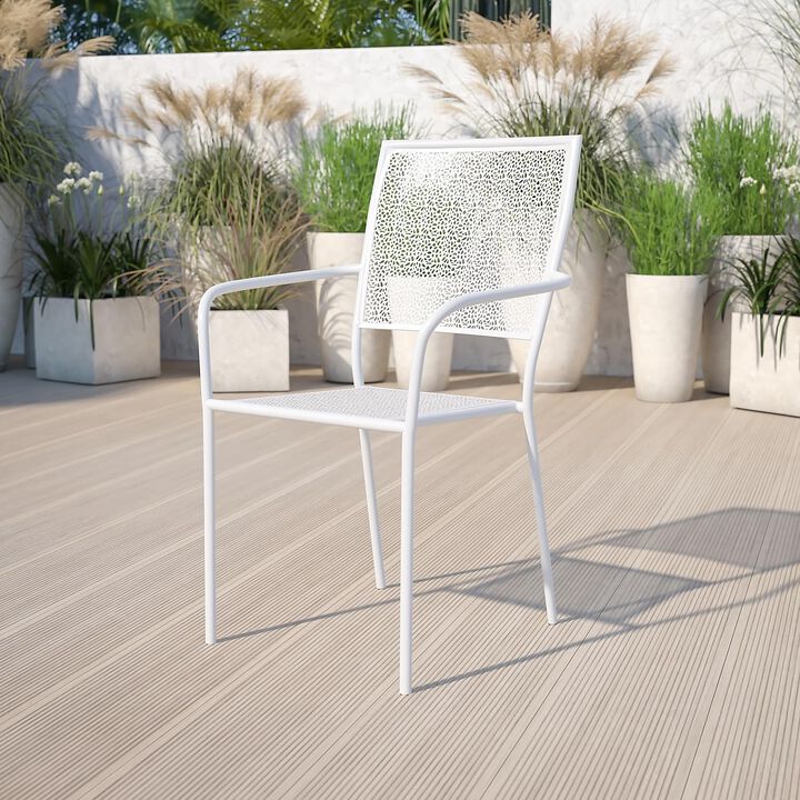 Flash Furniture Commercial Grade White Indoor-Outdoor Steel Patio Arm Chair with Square Back