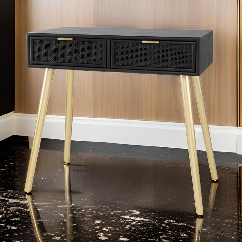 Pia 32 Inch Wood Console Table, 2 Drawers, Woven Rattan Design, Black, Gold-Benzara