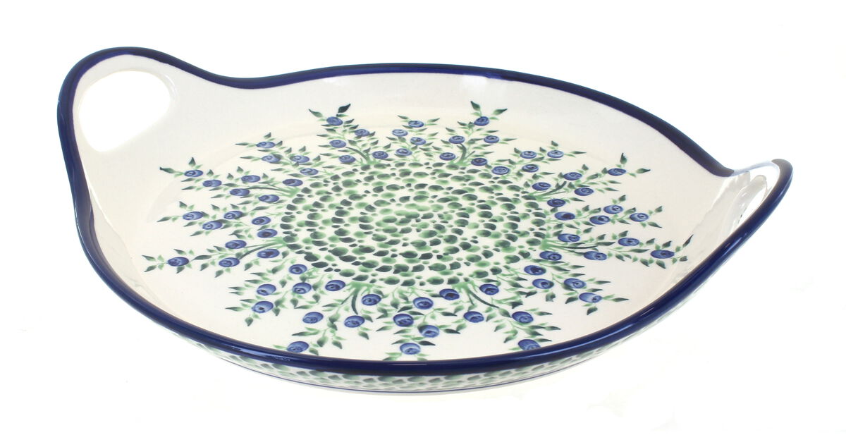 Blue Rose Polish Pottery Blue Tulip Round Serving Tray with Handles