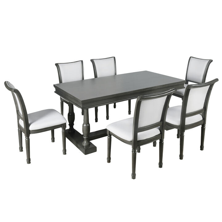 7Piece Dining Table with 4 Trestle Base and 6 Upholstered Chairs with Slightly Curve and Ergonomic Seat Back (Gray)