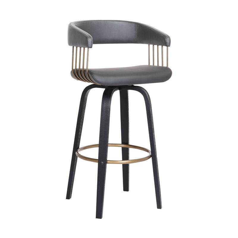 Topanga  Swivel Black Wood Counter Stool in Grey Faux Leather with Golden Bronze Metal