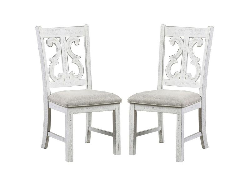 Open Scroll Back Wooden Side Chair with Padded Seat, Set of 2, White - Benzara