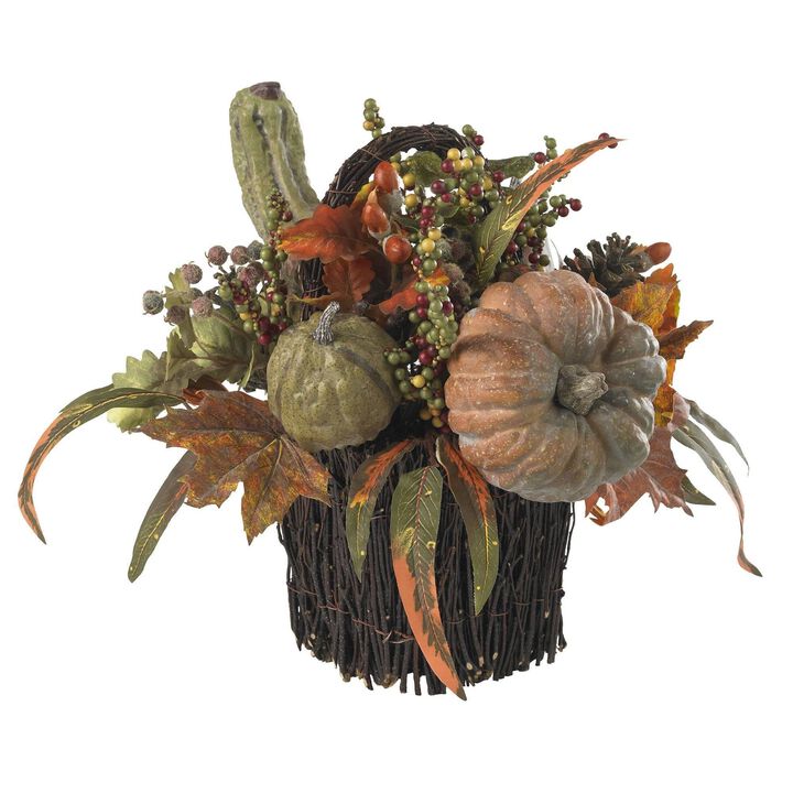 Nearly Natural 15-in Fall Pumpkin & Berry Table Arrangement