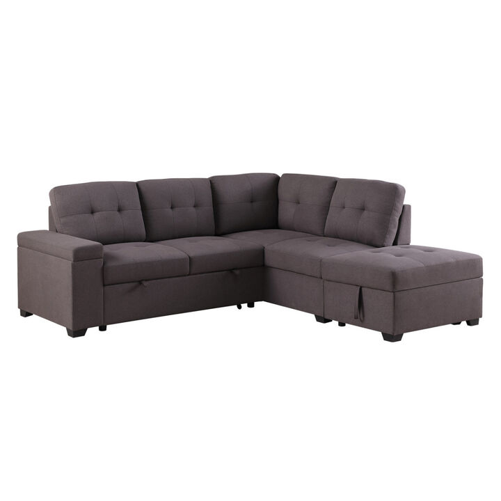 Katie Brown Linen Sleeper Sectional Sofa with Storage Ottoman, Storage Arm