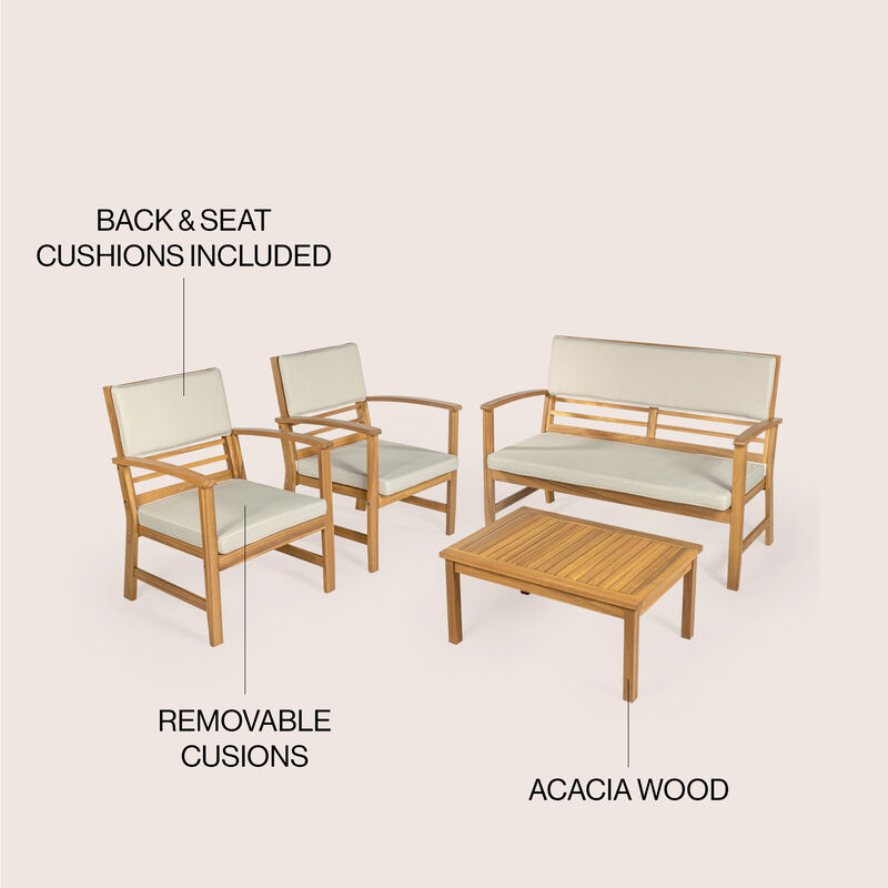 Barclay 4-Piece Modern Coastal Acacia Wood Conversation Outdoor Patio Set with Cushions, Navy/Teak Brown