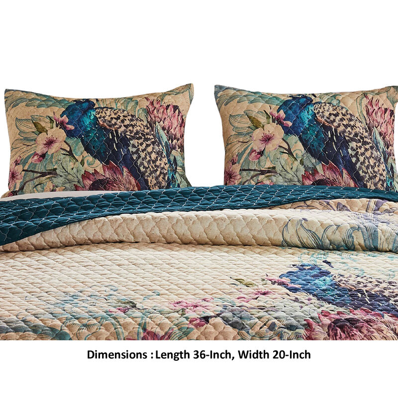 Ufa 36 Inch Quilted King Pillow Sham, Peacock Print, Vermicelli Stitching - Benzara