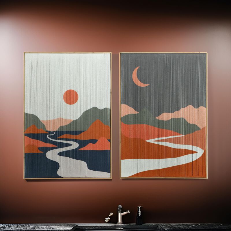 27 x 38 Wall Art Set of 2, Day and Night Design, Fir Wood, Orange, Gray - Benzara