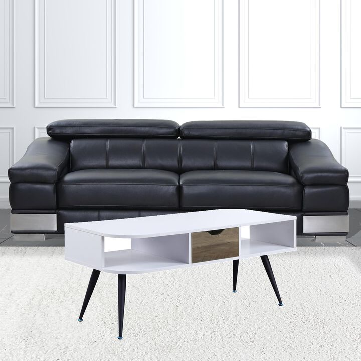 Homezia 44" Black And White Melamine Veneer And Metal Rectangular Coffee Table With Drawer And Shelf