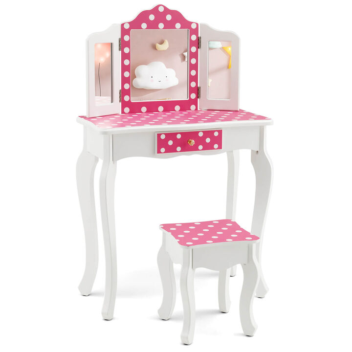 Kids Vanity Table and Stool Set with Cute Polka Dot Print-Pink