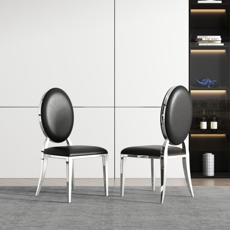 Leatherette Dining Chair Set of 2, Oval Backrest Design and Stainless Steel Legs